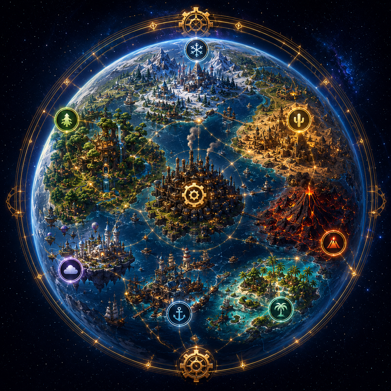 The world of Coglings — one living planet of districts: the Valley, the frozen peaks, the desert, the volcano, the port, the isles.